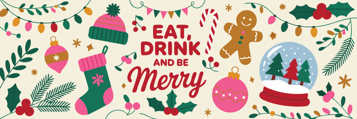 Holiday Cheer Colorful Illustrated Christmas Elements with Eat, Drink, and Be Merry Text Design