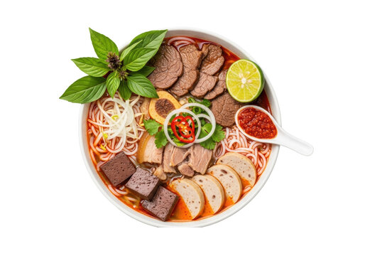 Steaming Bun Bo Hue soup with rich broth, vermicelli, beef, pork, herbs, lime, chili paste, studio shot, isolated on transparent, concept of authentic vietnamese cuisine