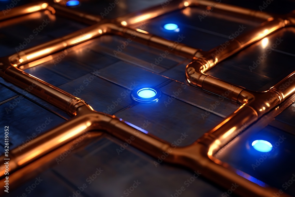Poster a processor unit design featuring diagonal copper paths and radial blue light