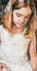  Impressionist oil painting of a young girl in a white dress reading a book.