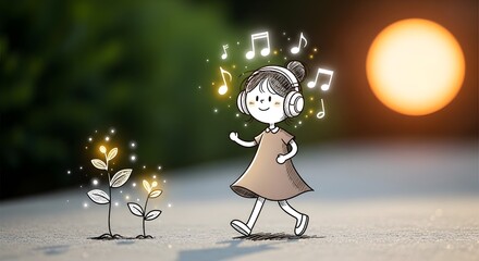 Young woman cartoon doodle character listening to music with happy plants and floating notes. Childish illustration for positive concepts.