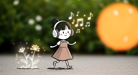 Young woman cartoon doodle character listening to music with happy plants and floating notes. Childish illustration for positive concepts.