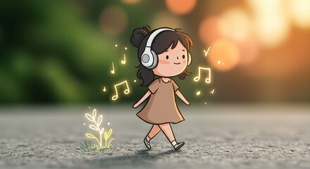 Young woman cartoon doodle character listening to music with happy plants and floating notes. Childish illustration for positive concepts.