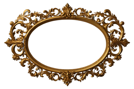 Ornate antique oval gold picture frame with intricate scrollwork on black background
