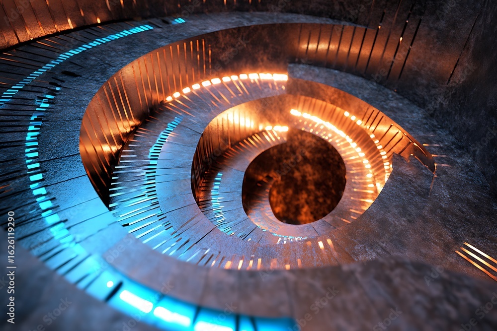 Poster a processor unit design featuring diagonal copper paths and radial blue light