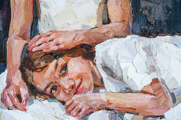 Impressionist oil painting of two girls in white dresses sharing a quiet, affectionate moment.