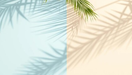 Obraz premium Pastel blue and beige wall with soft palm leaf shadows, minimalist background, simple, backdrop
