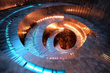 A processor unit design featuring diagonal copper paths and radial blue light 