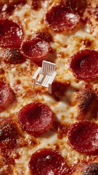 Naklejki Tiny white chair placed on top of a cheesy pepperoni pizza, creating a surreal and whimsical food scene.