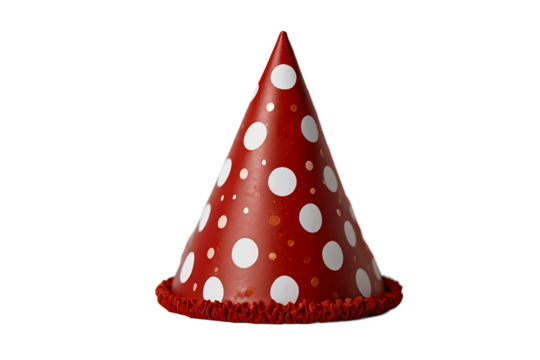 Red polka dot party hat with white circles on a black background