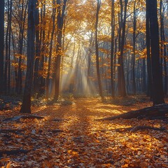 Fototapeta premium A sunlit path through an autumn forest with golden leaves covering the ground and tall trees around it