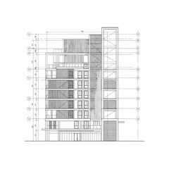 Architectural blueprint of a modern building facade, showcasing detailed structural elements and design, rendered in black and white against a clean white background.