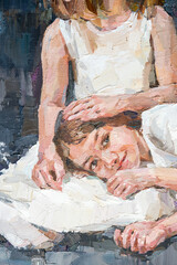 Impressionist oil painting of two girls in white dresses sharing a quiet, affectionate moment.