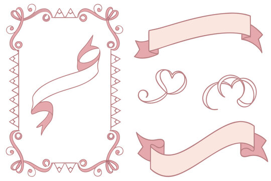 Doodle hand drawn coquette frames with hearts, wavy lines, bows and ribbons. Trendy vintage whimsical borders for wedding invitations, birthday card, prints. Vector modern illustration.