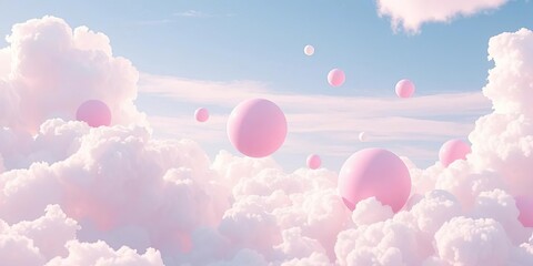Pastel spheres float amidst fluffy clouds in a dreamy sky; whimsical digital art,  gentle,  wallpaper