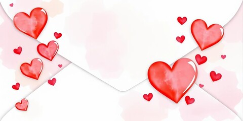 Pastel watercolor envelope with hearts, charming love theme,   festive,  pretty