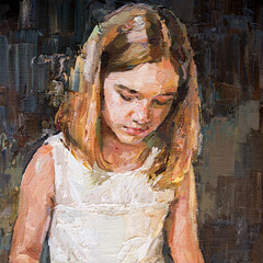  Impressionist oil painting of a young girl in a white dress reading a book.