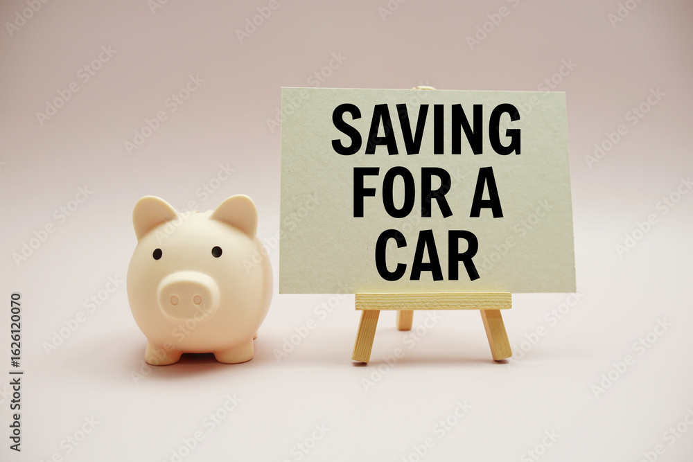 Poster saving for a car text and piggy bank for saving on pink background