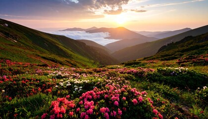 Obraz premium Serene sunrise over lush mountain valley.