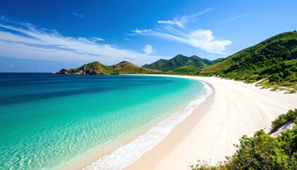 Pristine beach with clear blue ocean view.
