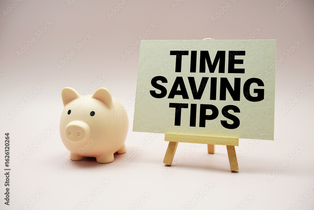 Poster time saving tips text and piggy bank for saving on pink background