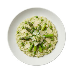 Obraz premium Meticulously prepared creamy pale green asparagus risotto with tender spears, Parmesan, and fresh herbs in a minimalist studio, shadowless illumination, high-end commercial cuisine