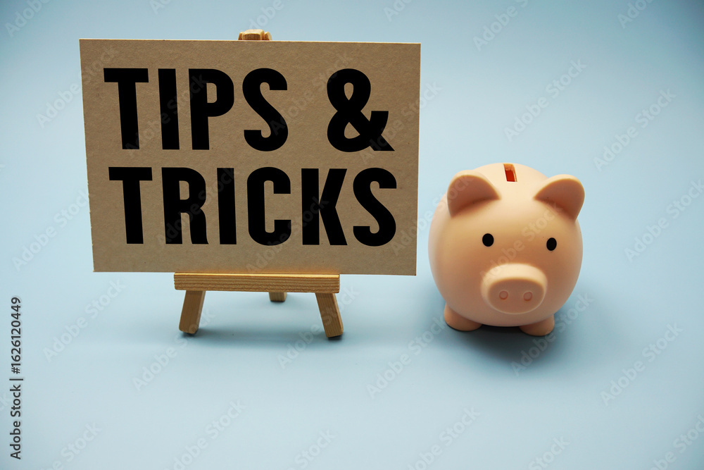 Poster tips and tricks text and piggy bank for saving on blue background