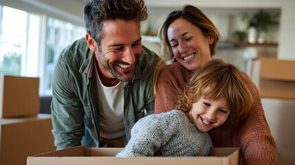 smiling couple unpacking boxes in new home