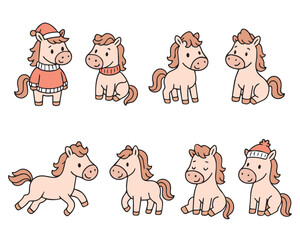 Cute Horses for Chinese New Year 2026 Flat Vector Illustration. Zodiac Sign, Kawaii Animal Character. Traditional Holiday Design Elements.