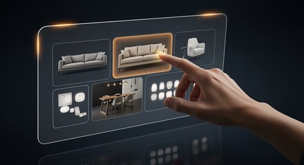 A Hand interaction selecting furniture on a virtual touchscreen interface. Augmented reality furniture catalog.