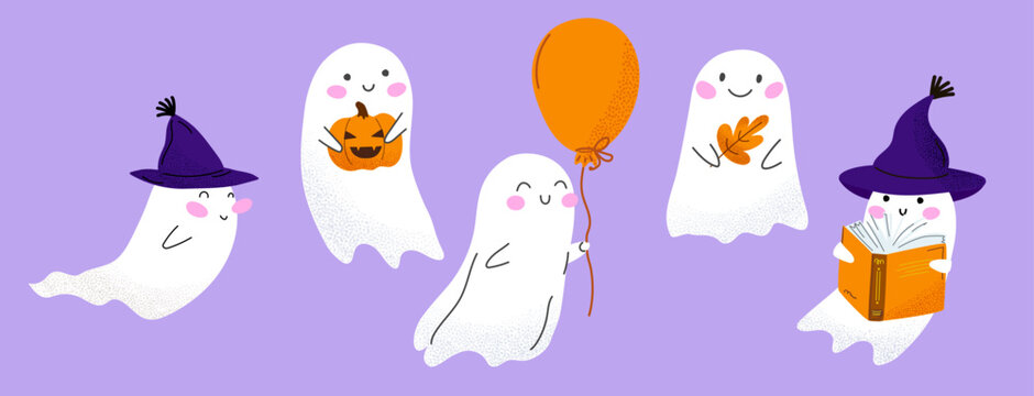 Set of cute cartoon ghost. Spirit wear witch hats, hold pumpkin, balloon, book, or autumn leaf. Fun Halloween characters for kids decor and prints. Vector illustration