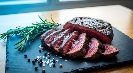 Sliced Grilled Steak with Rosemary on Dark Slate Plate