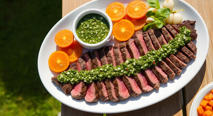 Sliced Grilled Steak with Green Sauce and Orange Slices on a White Plate