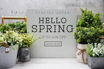 Hello Spring Sale 40% off Promotion Offer Discount Retail Shopping Concept