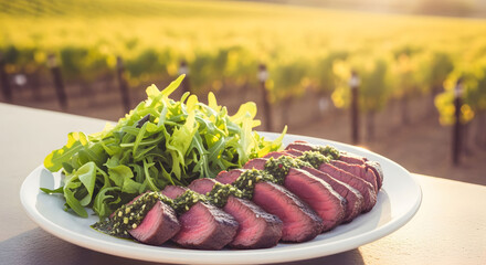 Sliced Steak with Green Salad and Herb Sauce at Vineyard