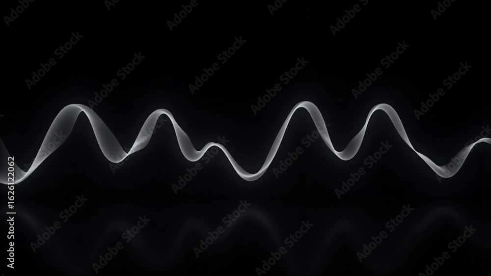Poster dynamic white wave form flowing across black background representing data or sound