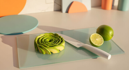 Spiral Sliced Avocado and Limes on Glass Cutting Board
