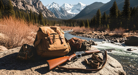 Tan Backpack and Rifle by Rocky Mountain River