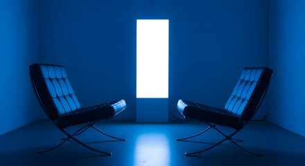 Two Black Leather Chairs in a Blue Room with Bright Vertical Light