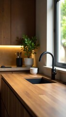 Sleek modern countertop contrasts warm wooden table , cooking tools, breakfast bar