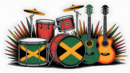 Vibrant Reggae Music Illustration Featuring Drums and Guitar