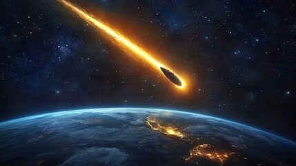 Comet passing close to Earth with its fiery tail of dust and ice glowing brightly against the dark sky lighting up the night for observers below