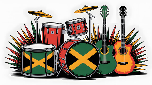 Vibrant Reggae Music Illustration Featuring Drums and Guitar - Powered by Adobe