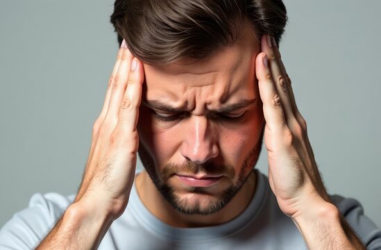 man experiencing headache, holding his head with both hands, expression of pain and discomfort on face. concept of stress, migraine, health issues. medical article, health, stress awareness campaign.