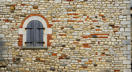 Weathered Stone and Brick Wall with Small Arched Window