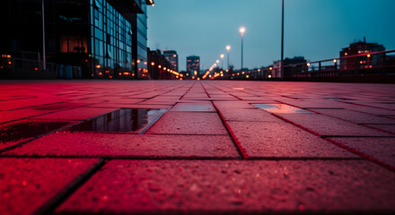 Wet City Pavement at Night with Red and Pink Lights
