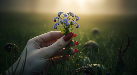 Woman's Hand Holding Forget Me Nots at Sunrise in Mystical Field