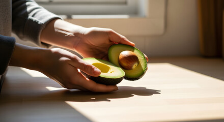 Woman's Hands Preparing Ripe Avocado on Wooden Kitchen Counter in Sunlight