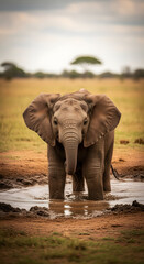 Young African Elephant Playing in Muddy Waterhole