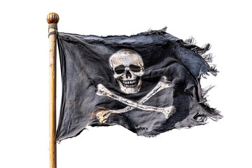 Naklejka premium Tattered jolly roger pirate flag waving on wooden pole isolated on transparent background